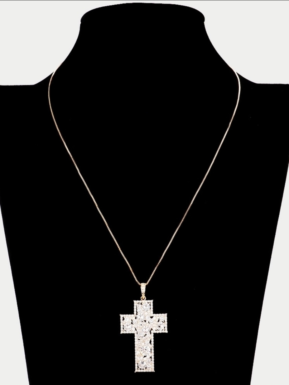 Gold Cross Pendant Necklace with Clear Crystal Accents